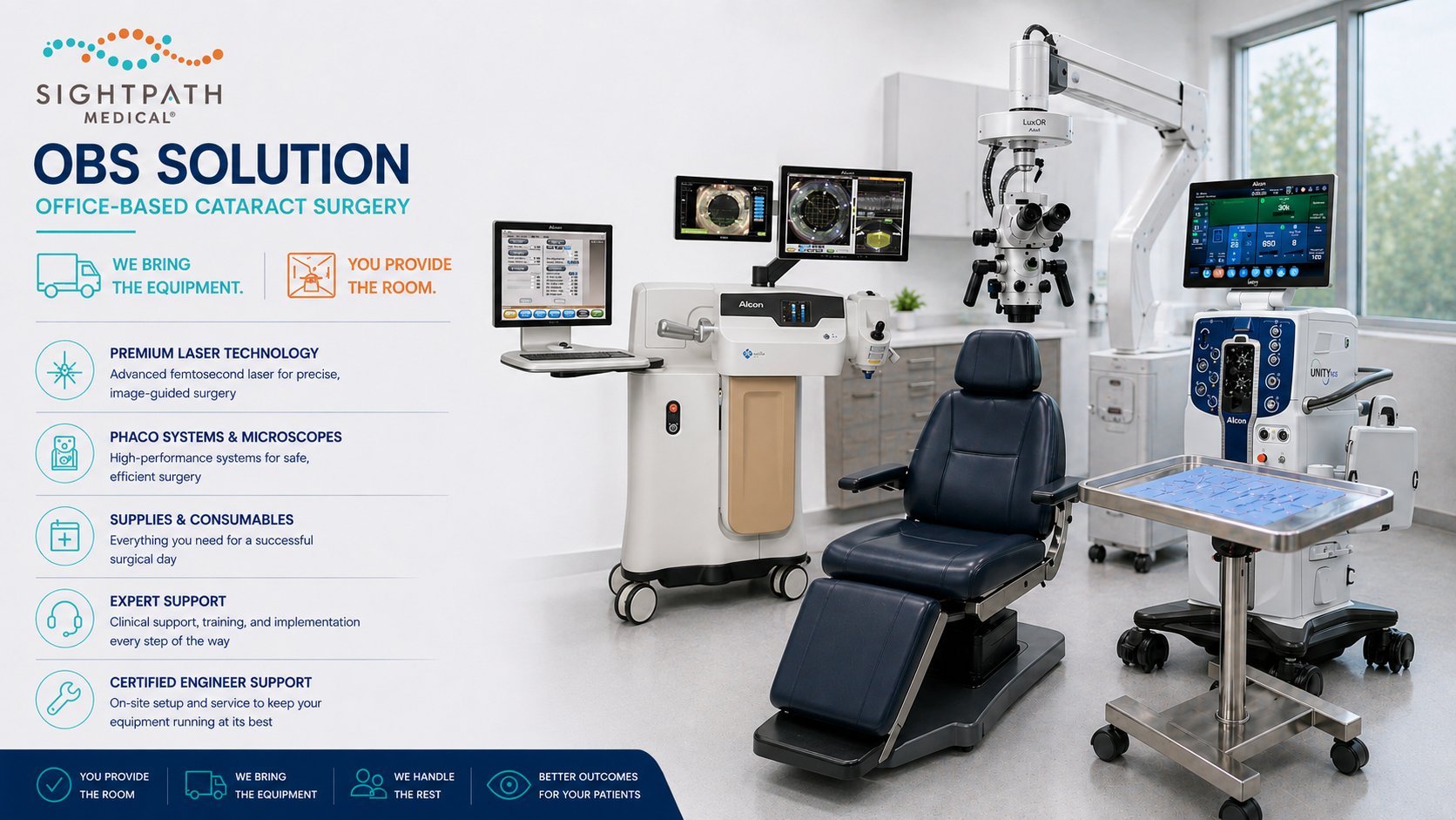 Office-based cataract surgery equipment prepared for an in-office procedure suite